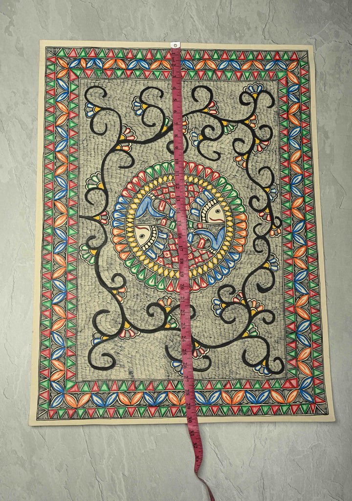 Twin fish in a Mandala Madhubani Hand Painting Wall Art, Unframed 30 x 22