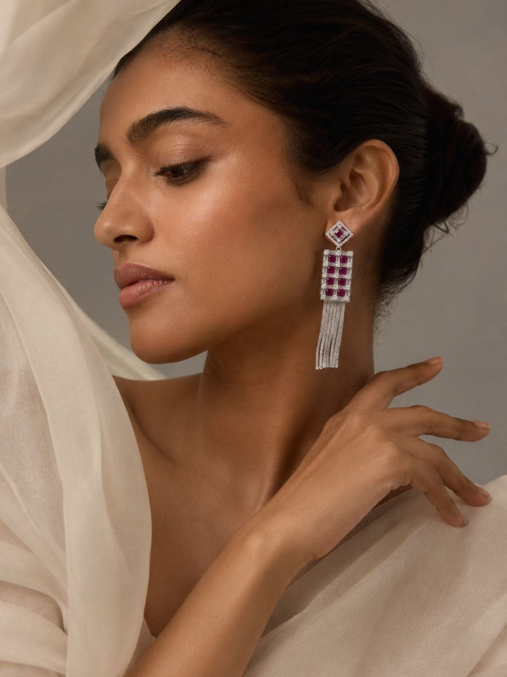 Ruby CZ Tassel Earrings in Silver Finish – Party Wear | SHOBITAM
