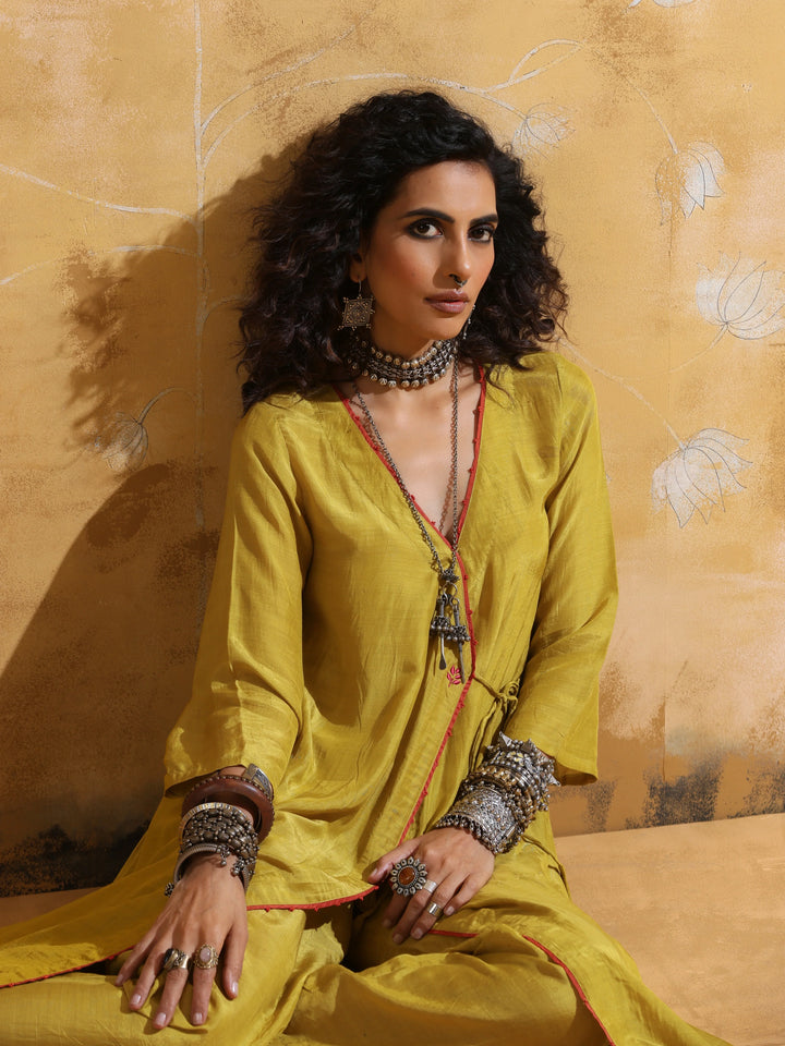 Lime Muslin Silk Angrakha Kurta Pant Set  | SHOBITAM