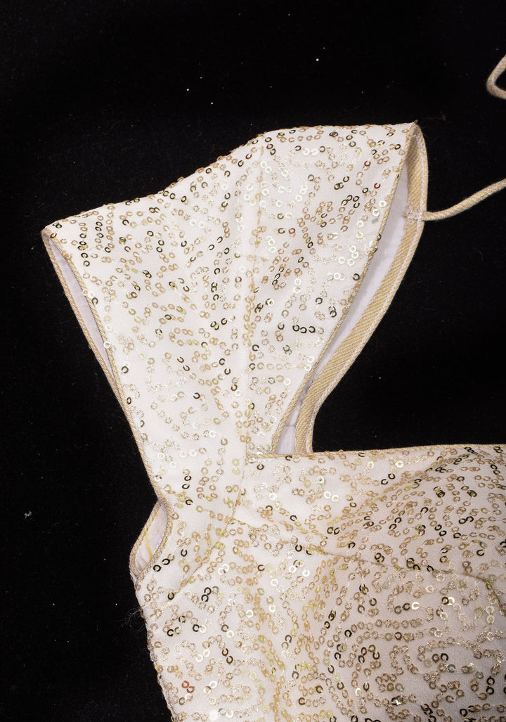White Sequin Blouse with Queen Anne Neckline and cap sleeves