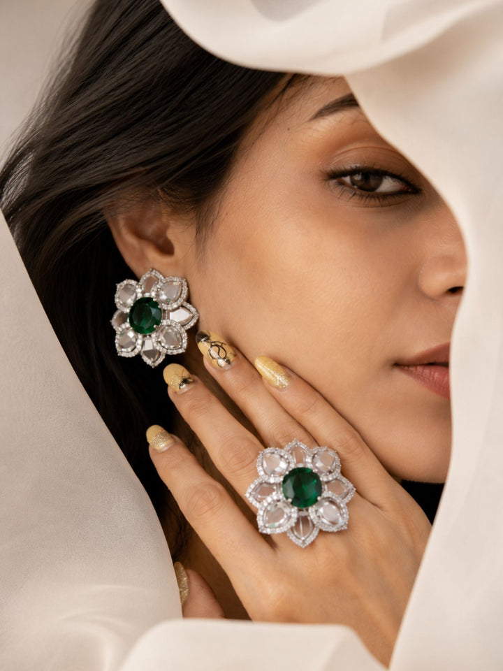 Emerald Green Floral Ring & Earrings Set | SHOBITAM
