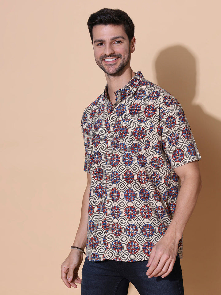 Urban Ajrakh Half Sleeve Artisan Print Shirt in Cream for Men