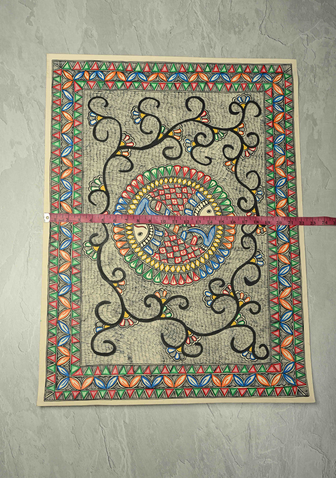 Twin fish in a Mandala Madhubani Hand Painting Wall Art, Unframed 30 x 22