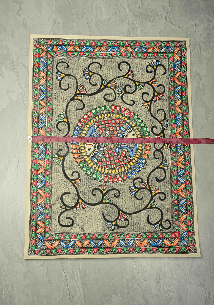Twin fish in a Mandala Madhubani Hand Painting Wall Art, Unframed 30 x 22