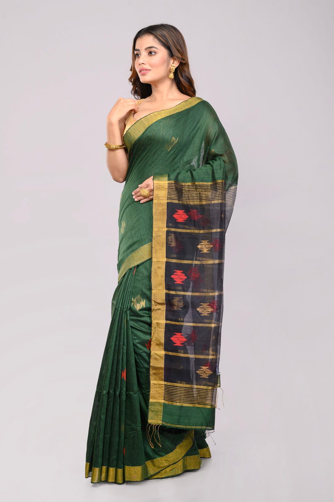 Green Gold Jamdani Matka Silk Saree | SHOBITAM