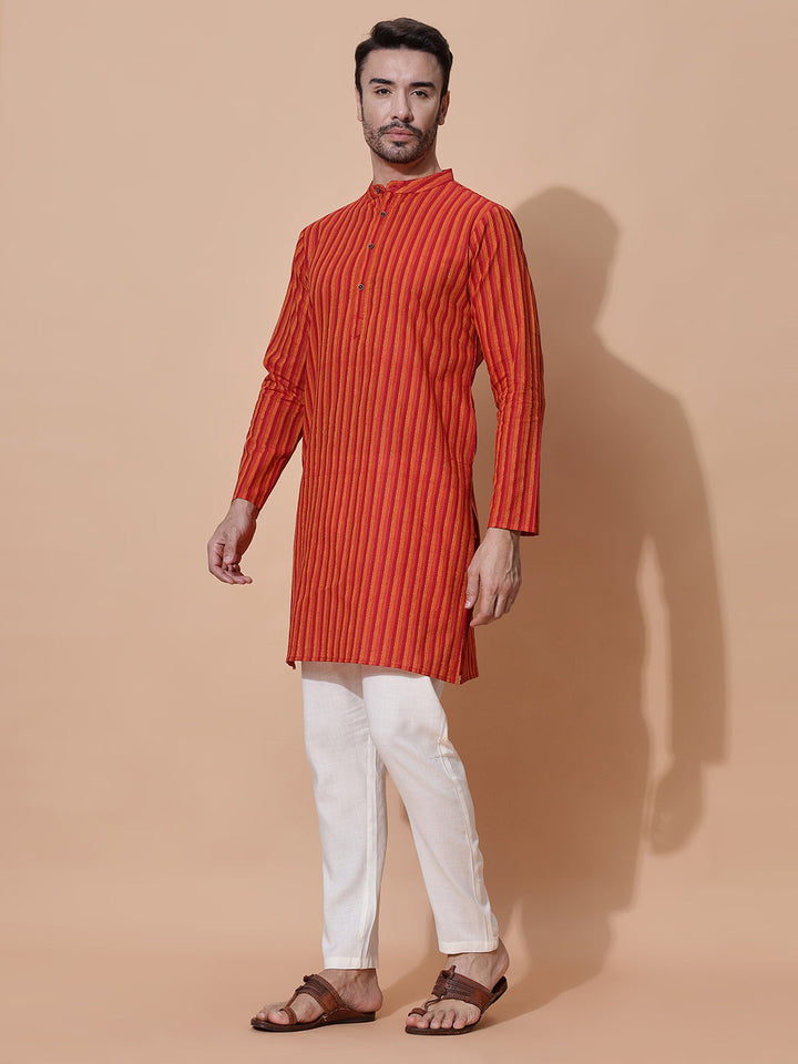 Zesty Men Handloom Cotton Long Kurta in Orange