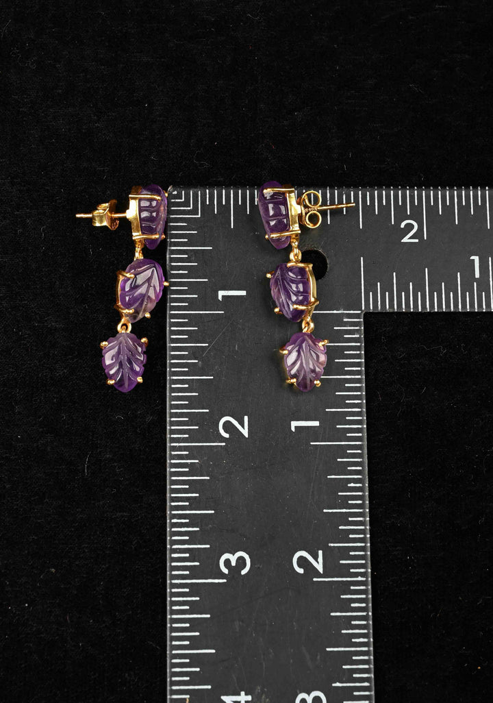 92.5 Pure Silver Amethyst Engraved 3 tier Earrings