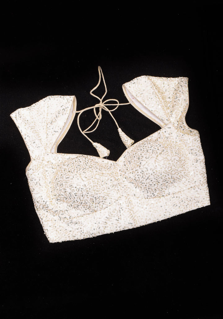 White Sequin Blouse with Queen Anne Neckline and cap sleeves