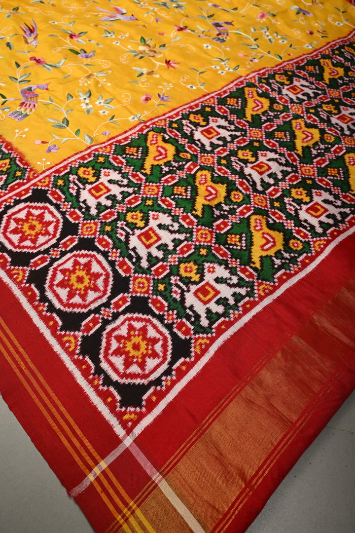 Yellow  Jugalbandi Authentic Patan Patola Double Ikkat Pure Silk Saree With Parsi Gara Hand Embroidery Floral Jaal Birds and Pallu on Both Sides | SILK MARK CERTIFIED | SHOBITAM
