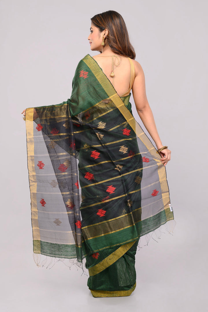 Green Gold Jamdani Matka Silk Saree | SHOBITAM