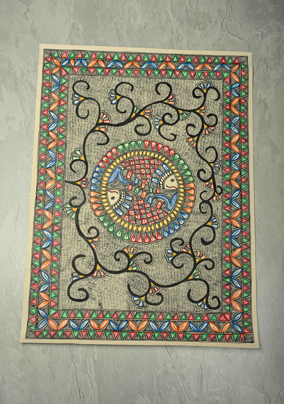 Twin fish in a Mandala Madhubani Hand Painting Wall Art, Unframed 30 x 22