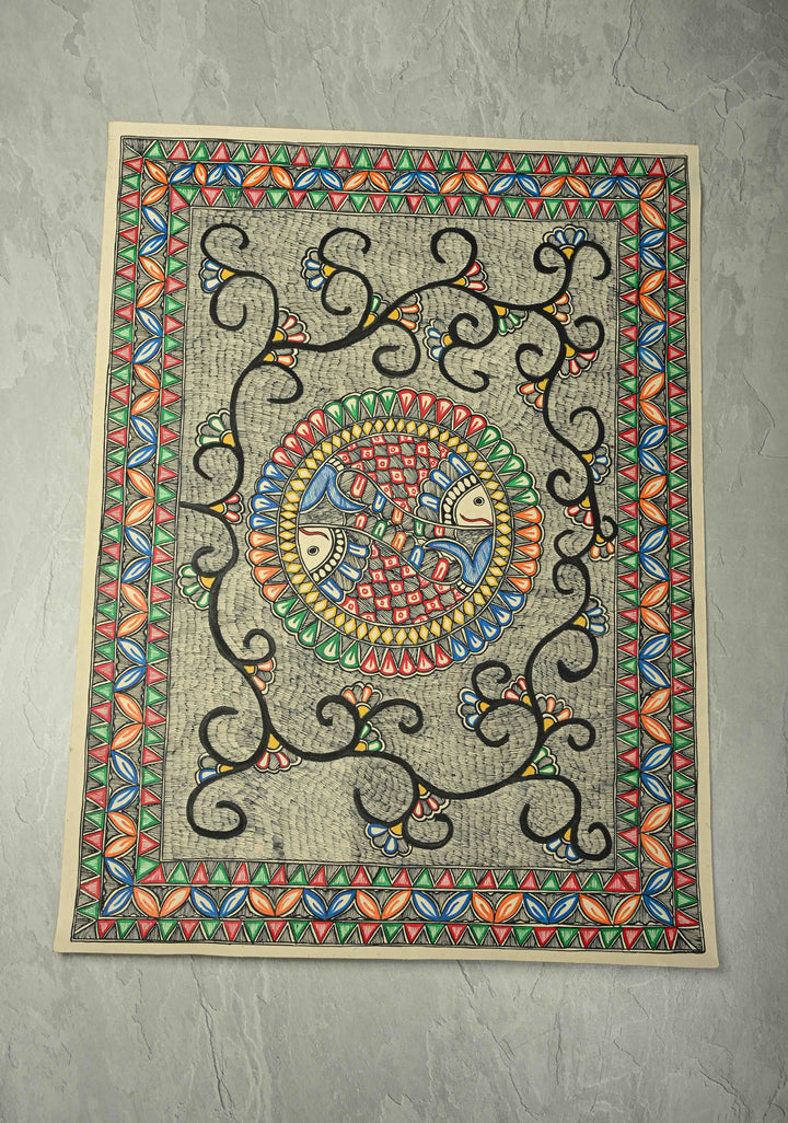 Twin fish in a Mandala Madhubani Hand Painting Wall Art, Unframed 30 x 22