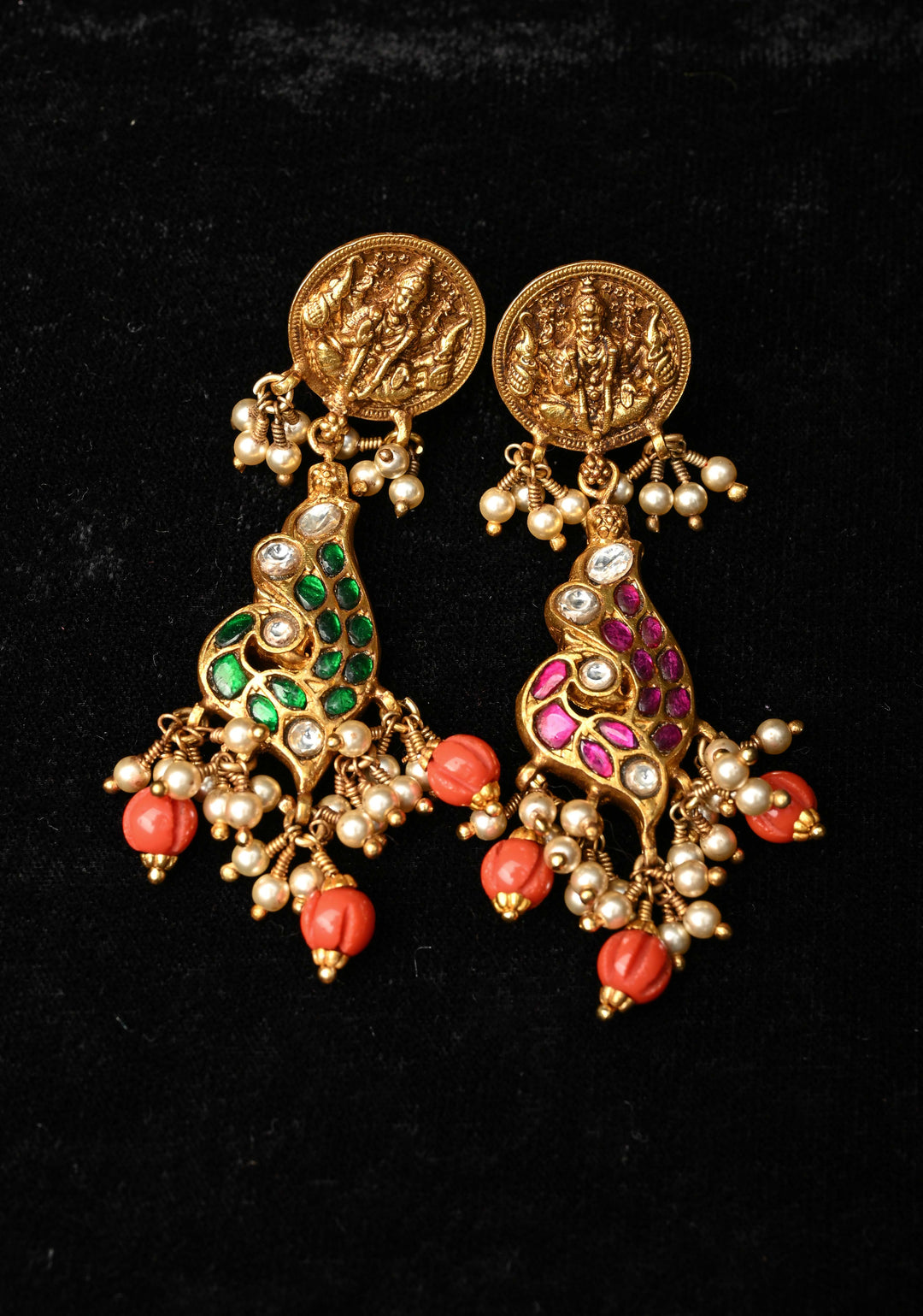 2 in 1 92.5  Silver Antique 24 Ct Gold Plated Reversible Kundan Earrings with Lakshmi, Peacock Design