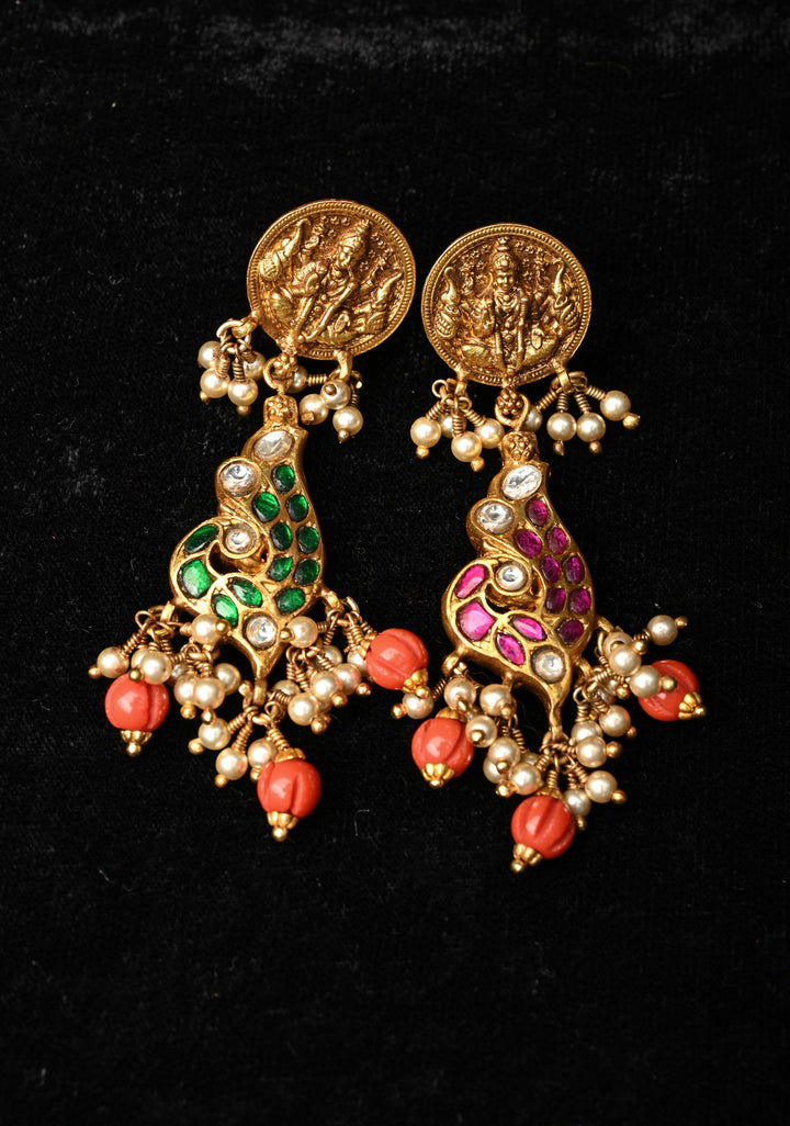 2 in 1 92.5  Silver Antique 24 Ct Gold Plated Reversible Kundan Earrings with Lakshmi, Peacock Design