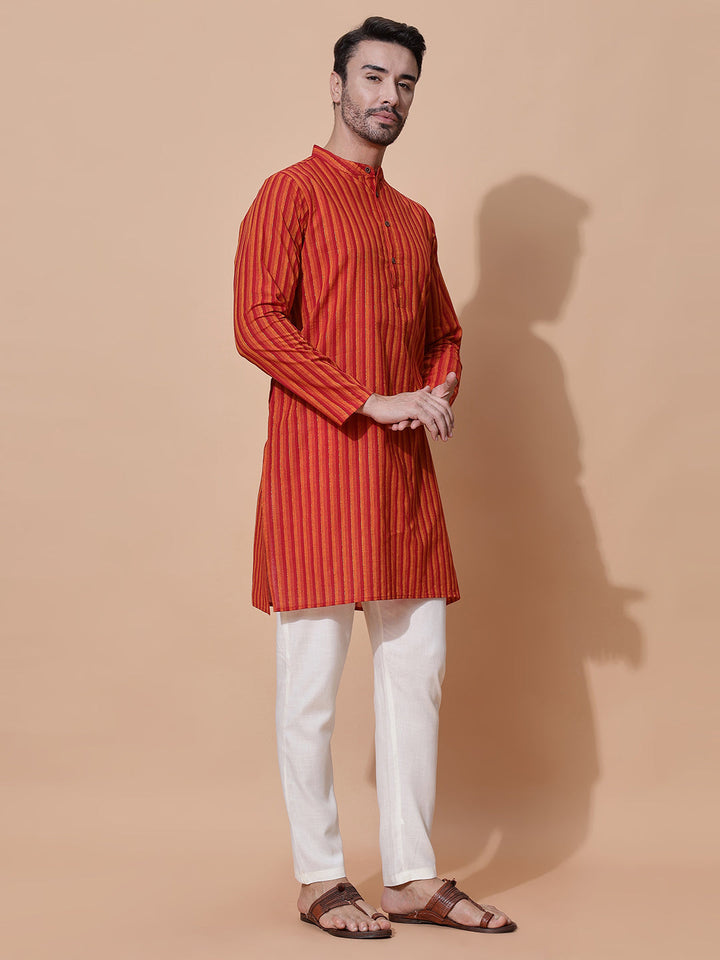 Zesty Men Handloom Cotton Long Kurta in Orange