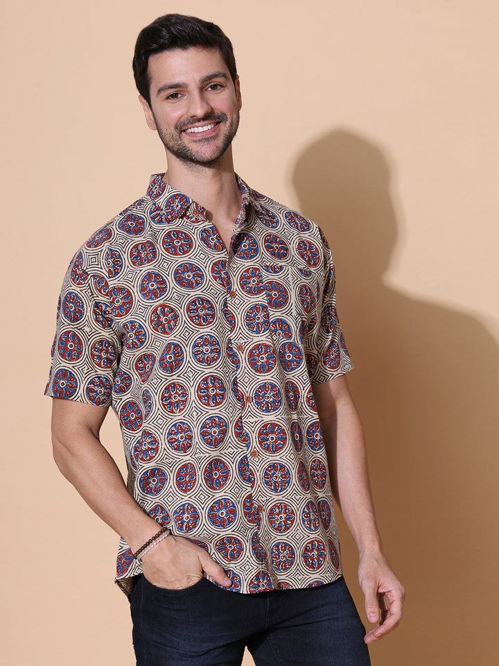 Urban Ajrakh Half Sleeve Artisan Print Shirt in Cream for Men