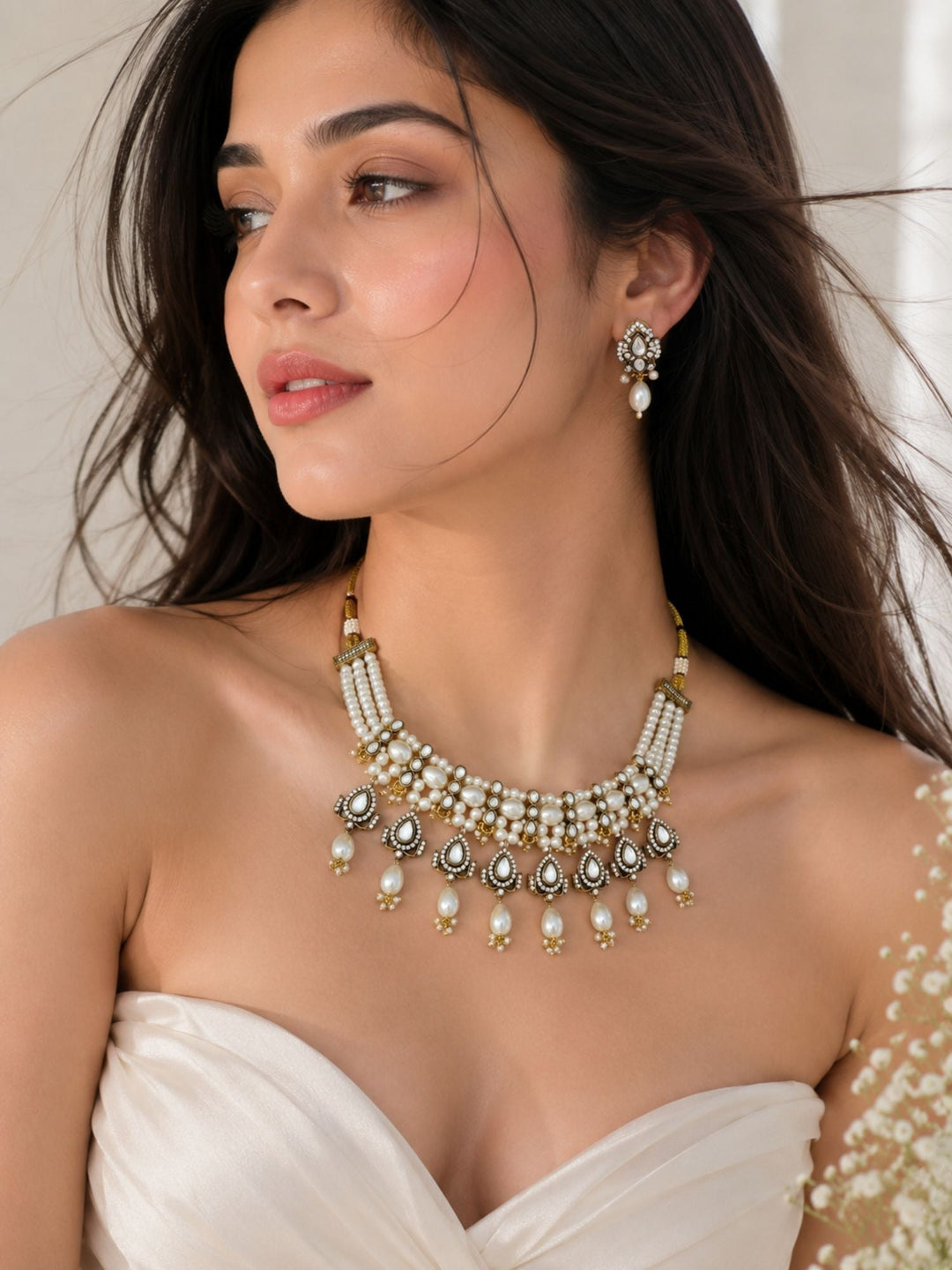 Pearl Kundan Choker Set in Antique Oxidised Gold – Bridal | SHOBITAM