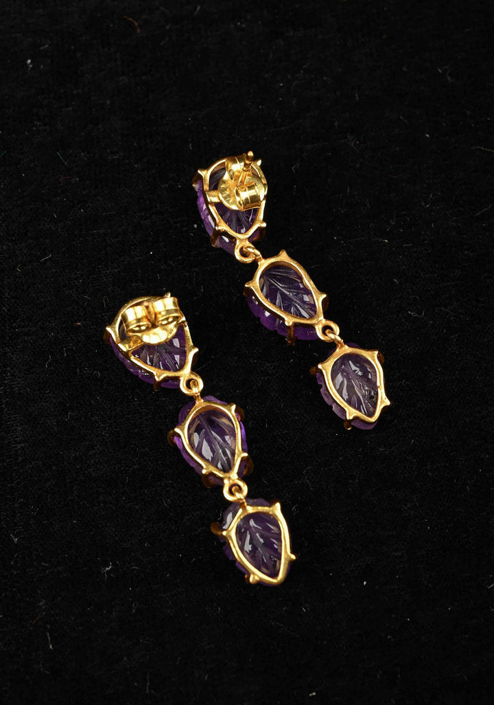 92.5 Pure Silver Amethyst Engraved 3 tier Earrings