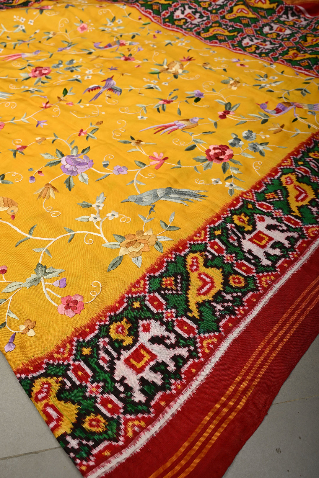 Yellow  Jugalbandi Authentic Patan Patola Double Ikkat Pure Silk Saree With Parsi Gara Hand Embroidery Floral Jaal Birds and Pallu on Both Sides | SILK MARK CERTIFIED | SHOBITAM