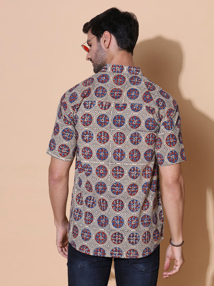 Urban Ajrakh Half Sleeve Artisan Print Shirt in Cream for Men
