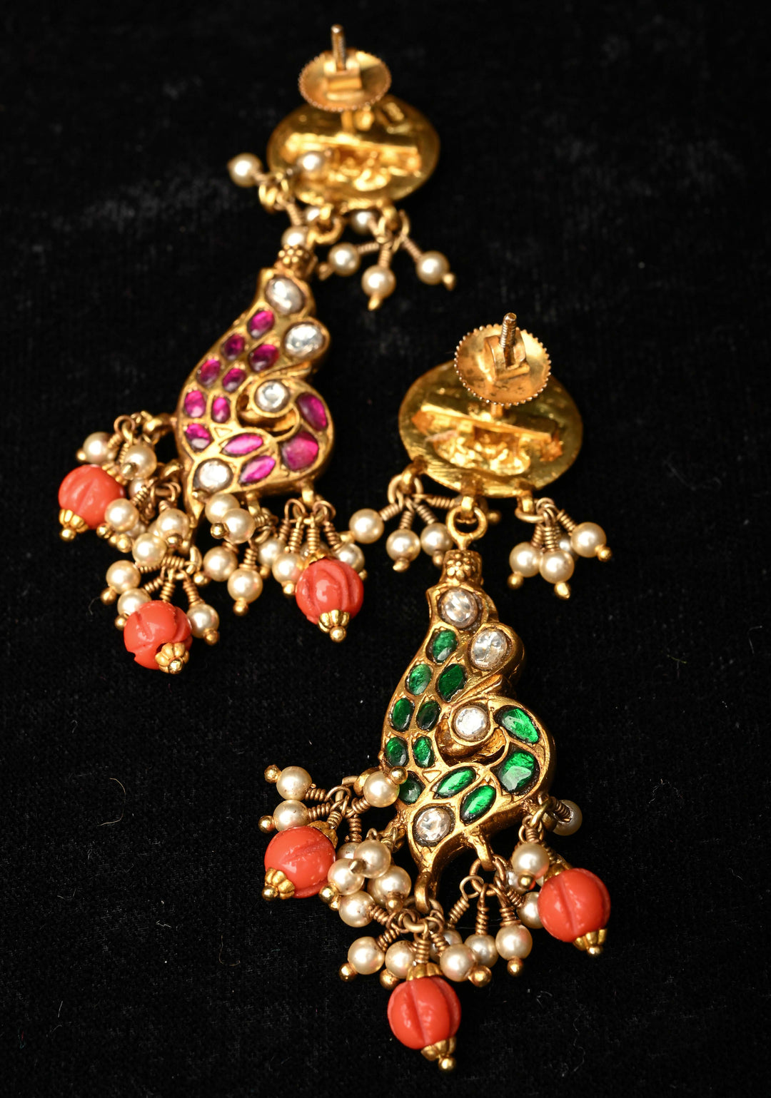 2 in 1 92.5  Silver Antique 24 Ct Gold Plated Reversible Kundan Earrings with Lakshmi, Peacock Design