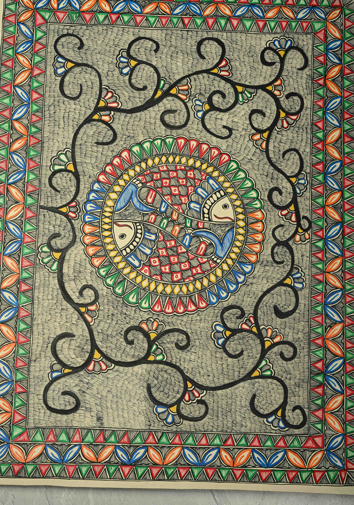 Twin fish in a Mandala Madhubani Hand Painting Wall Art, Unframed 30 x 22