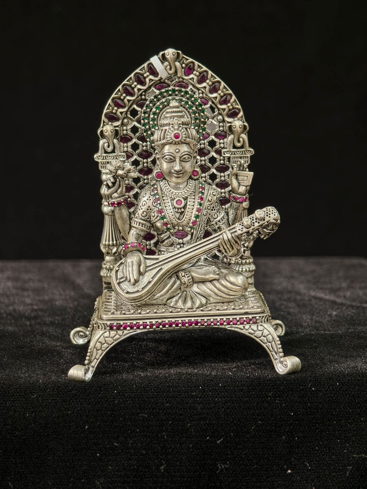 Pure 92.5 Saraswati 3D Idol with Stone accents Accents, Intricate Throne and Detailed Arch