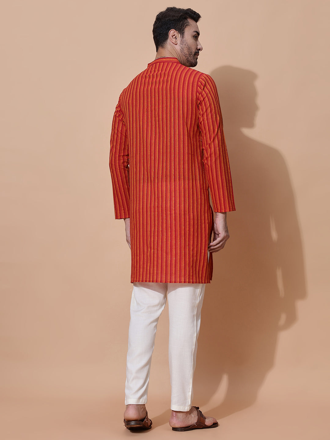Zesty Men Handloom Cotton Long Kurta in Orange