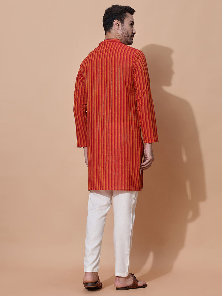 Zesty Men Handloom Cotton Long Kurta in Orange