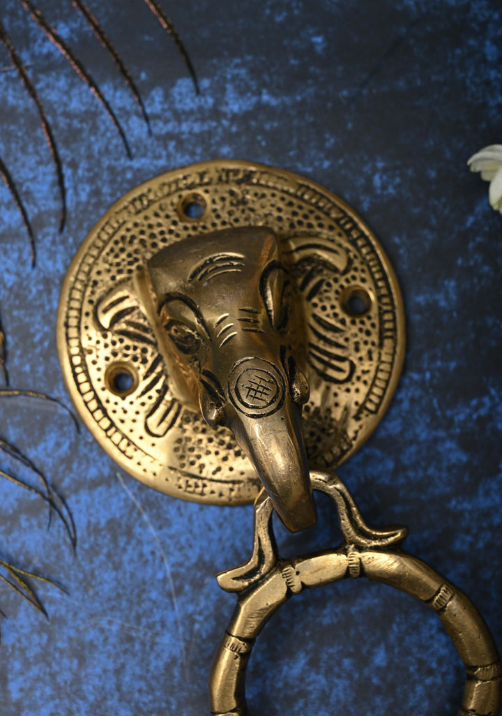 5.5" Antique Brass Ganesha Face with Ring Door Knocker-Door Handle, Indian Decorative piece