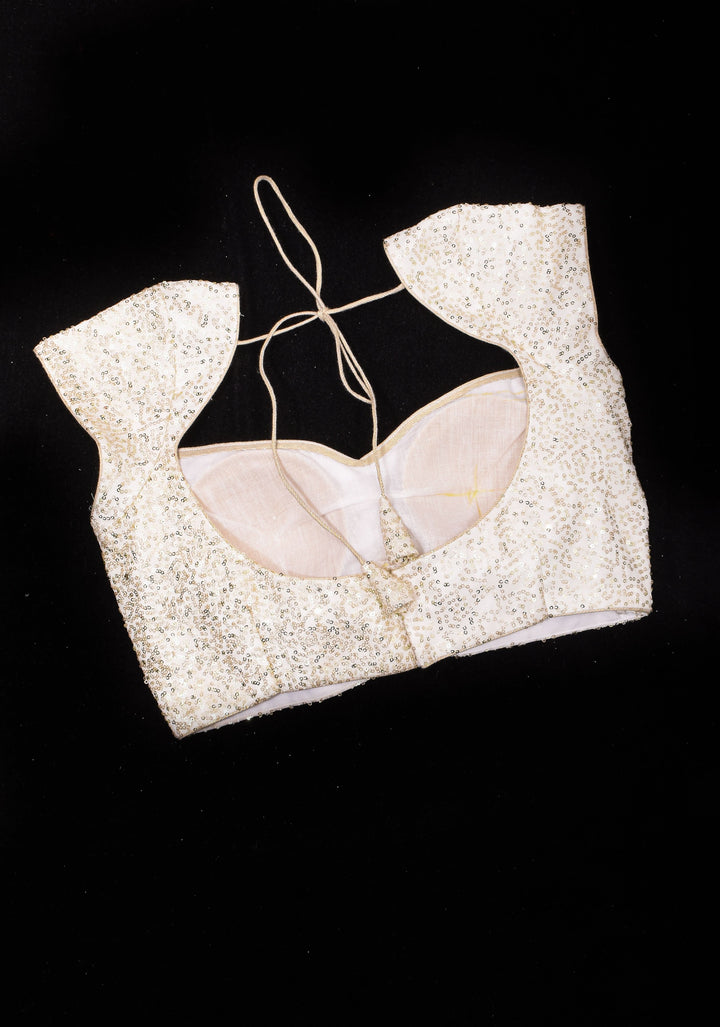 White Sequin Blouse with Queen Anne Neckline and cap sleeves