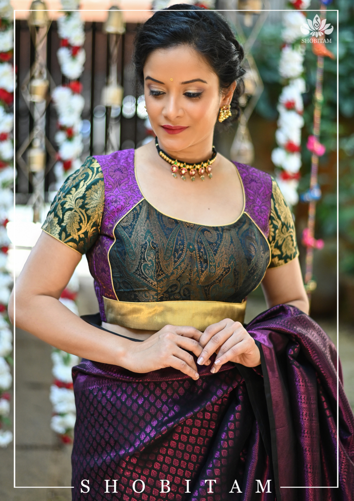 Purple and Black Banarasi Brocade Blouse with Tie back design | SHOBITAM
