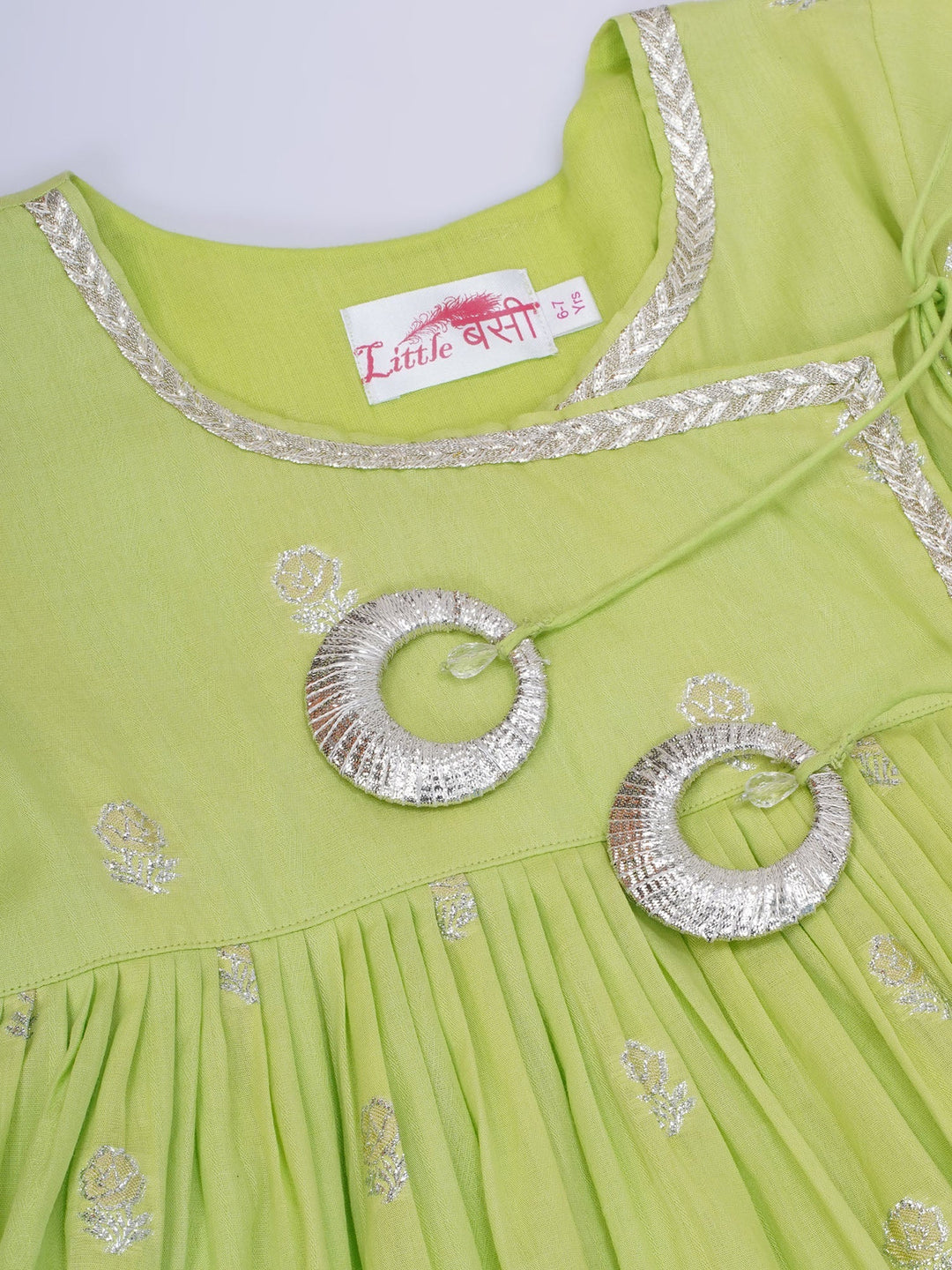 Girls Cotton Three Fourth Sleeves Angrakha Kurta with Sharara and Net Dupatta with Rose & Petal Design Zari Work -Green | SHOBITAM