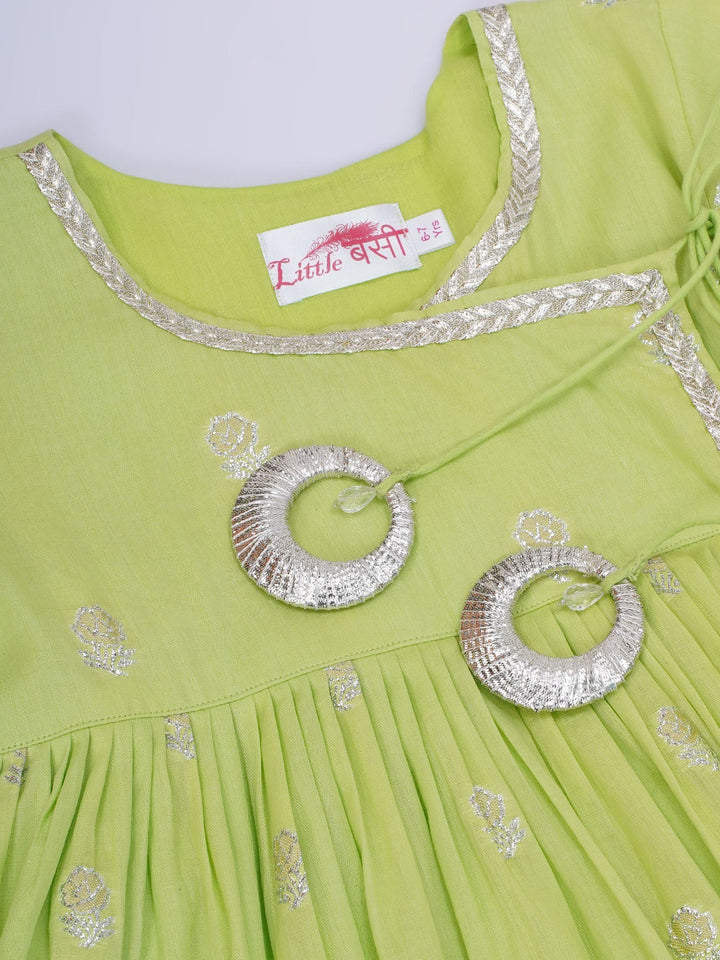 Girls Cotton Three Fourth Sleeves Angrakha Kurta with Sharara and Net Dupatta with Rose & Petal Design Zari Work -Green | SHOBITAM