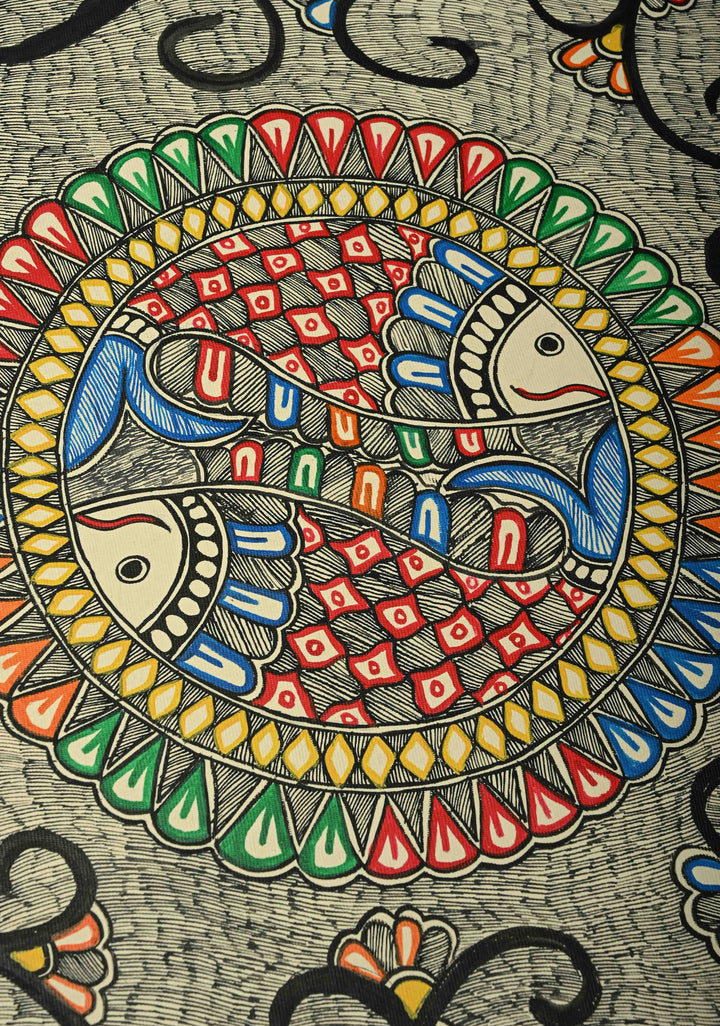 Twin fish in a Mandala Madhubani Hand Painting Wall Art, Unframed 30 x 22