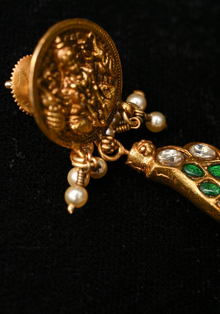 2 in 1 92.5  Silver Antique 24 Ct Gold Plated Reversible Kundan Earrings with Lakshmi, Peacock Design