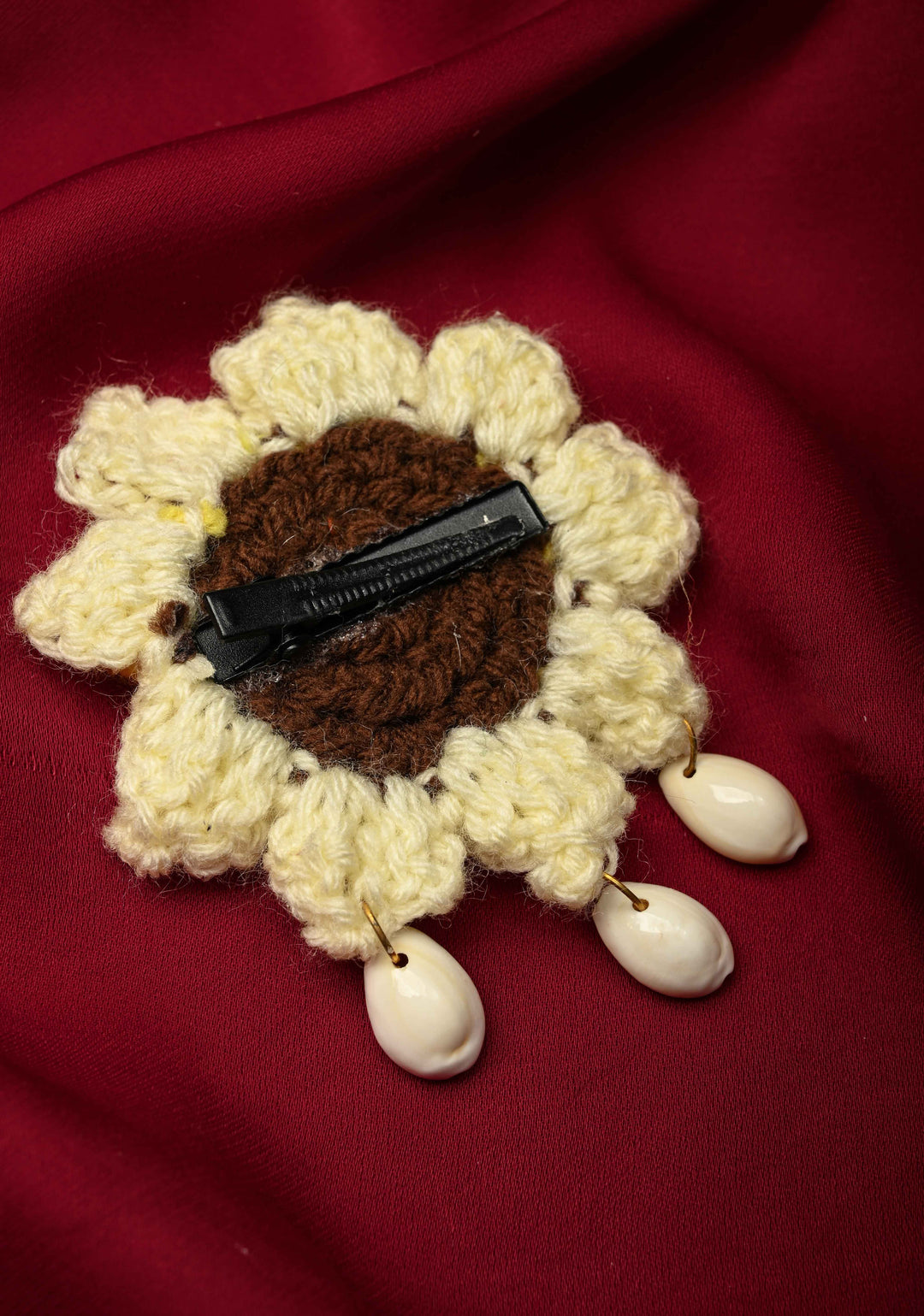 Crochet Flower ith Cowrie hangings hair clip | SHOBITAM