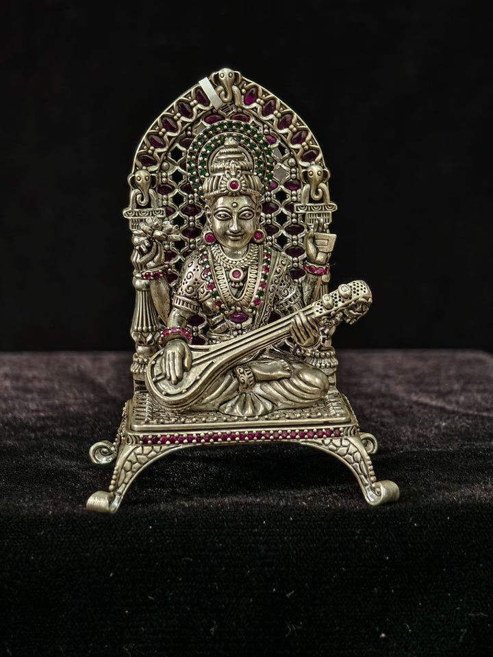 Pure 92.5 Saraswati 3D Idol with Stone accents Accents, Intricate Throne and Detailed Arch