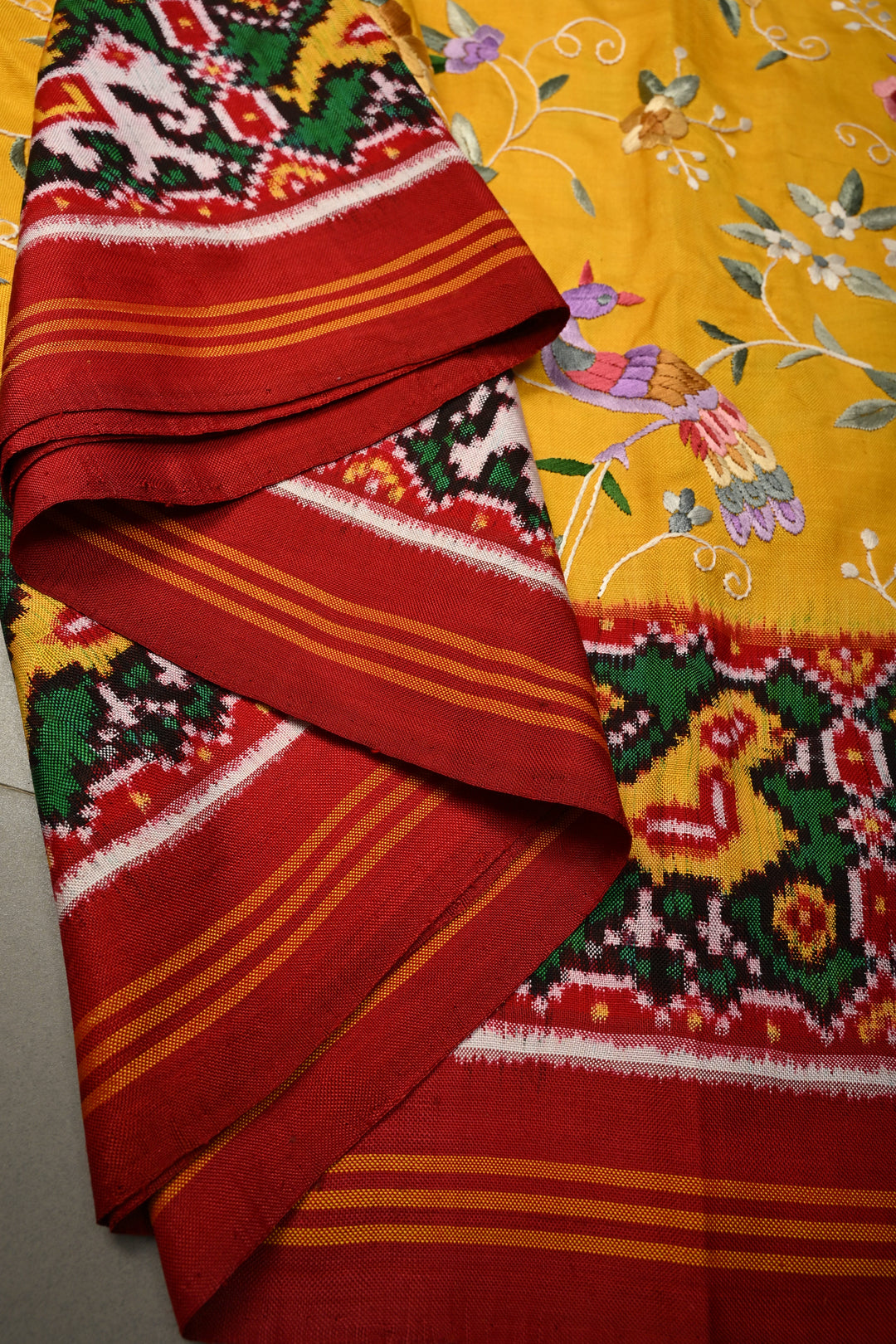 Yellow  Jugalbandi Authentic Patan Patola Double Ikkat Pure Silk Saree With Parsi Gara Hand Embroidery Floral Jaal Birds and Pallu on Both Sides | SILK MARK CERTIFIED | SHOBITAM