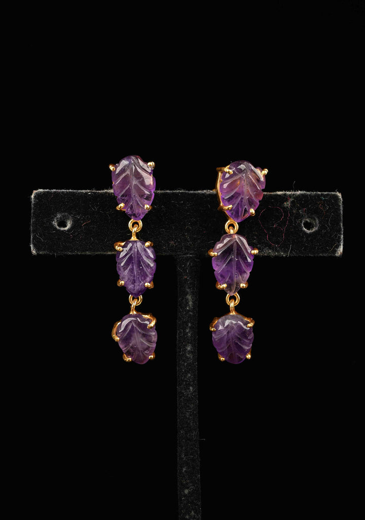 92.5 Pure Silver Amethyst Engraved 3 tier Earrings