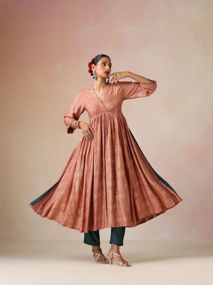 Peach Gold Foil Print Muslin Silk Anarkali High-Slit Kurta Set | SHOBITAM