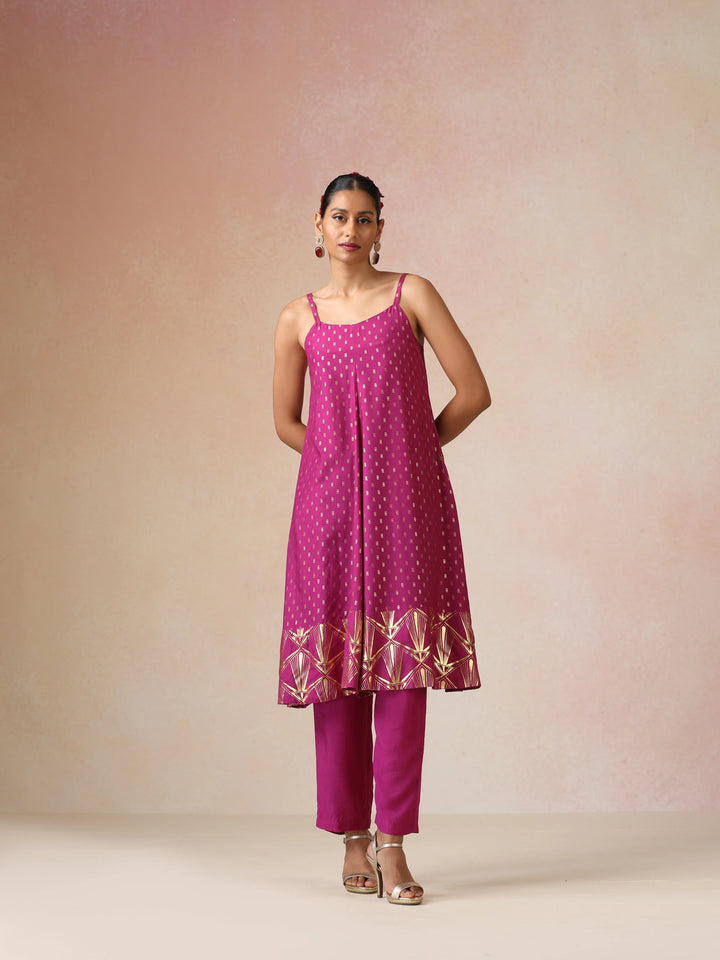 Pink Gold Foil Print Muslin Silk Flared Kurta Set| SHOBITAM