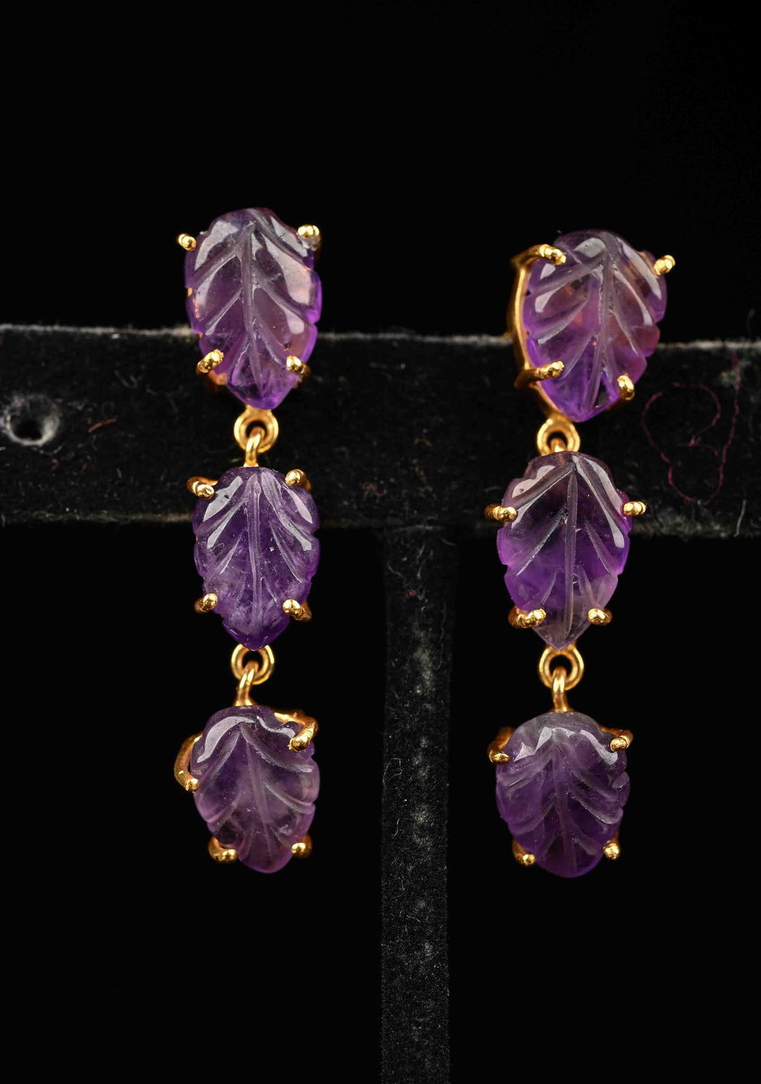 92.5 Pure Silver Amethyst Engraved 3 tier Earrings