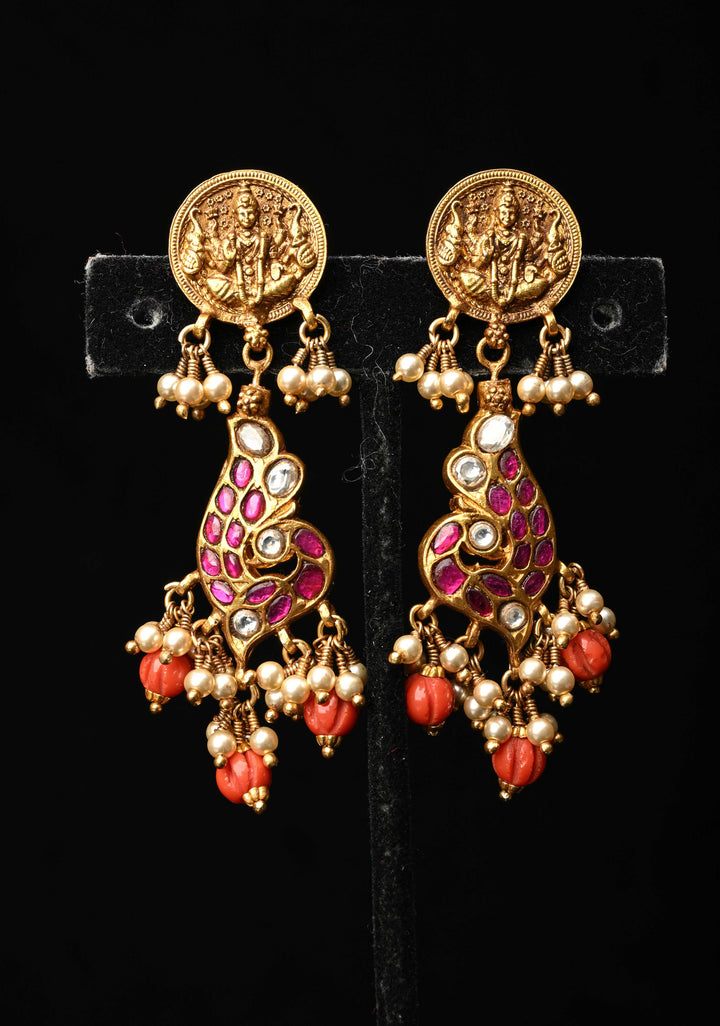 2 in 1 92.5  Silver Antique 24 Ct Gold Plated Reversible Kundan Earrings with Lakshmi, Peacock Design
