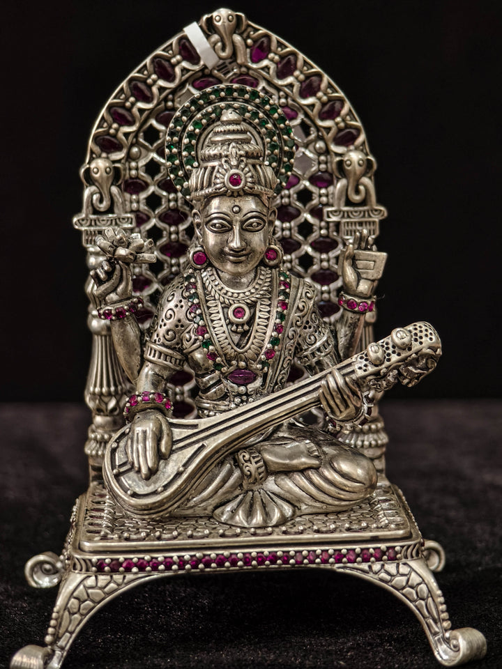 Pure 92.5 Saraswati 3D Idol with Stone accents Accents, Intricate Throne and Detailed Arch