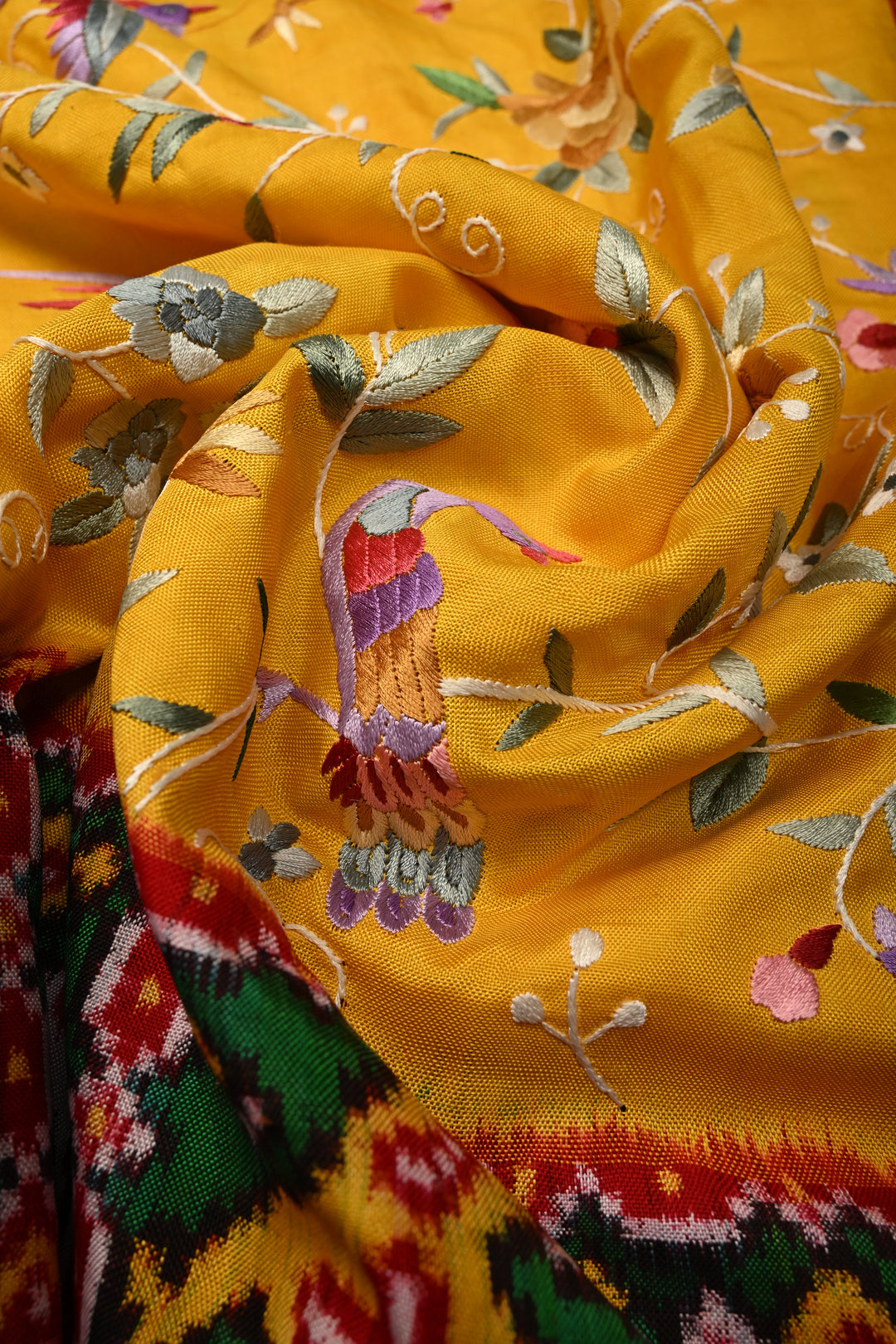 Yellow  Jugalbandi Authentic Patan Patola Double Ikkat Pure Silk Saree With Parsi Gara Hand Embroidery Floral Jaal Birds and Pallu on Both Sides | SILK MARK CERTIFIED | SHOBITAM