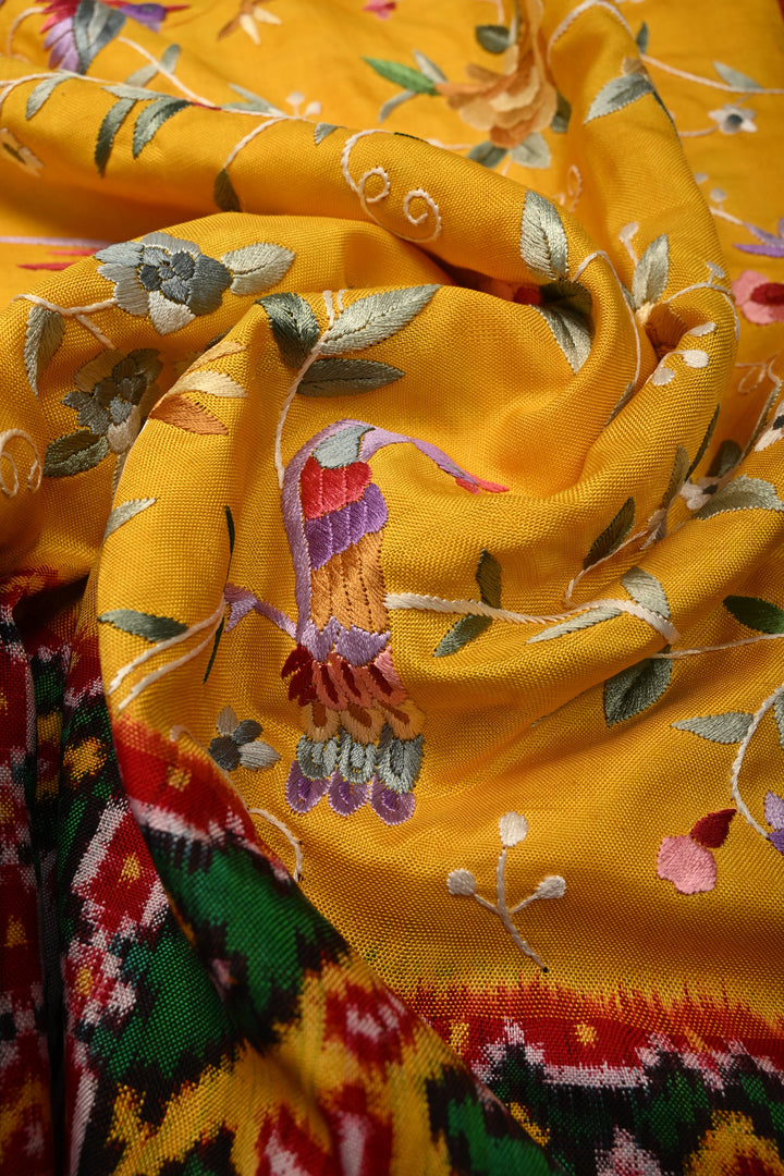 Yellow  Jugalbandi Authentic Patan Patola Double Ikkat Pure Silk Saree With Parsi Gara Hand Embroidery Floral Jaal Birds and Pallu on Both Sides | SILK MARK CERTIFIED | SHOBITAM