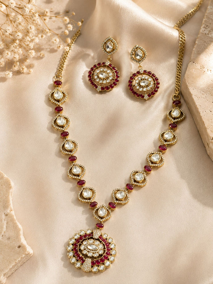 Ruby Kundan Pendant Necklace Set in Gold Plating | SHOBITAM