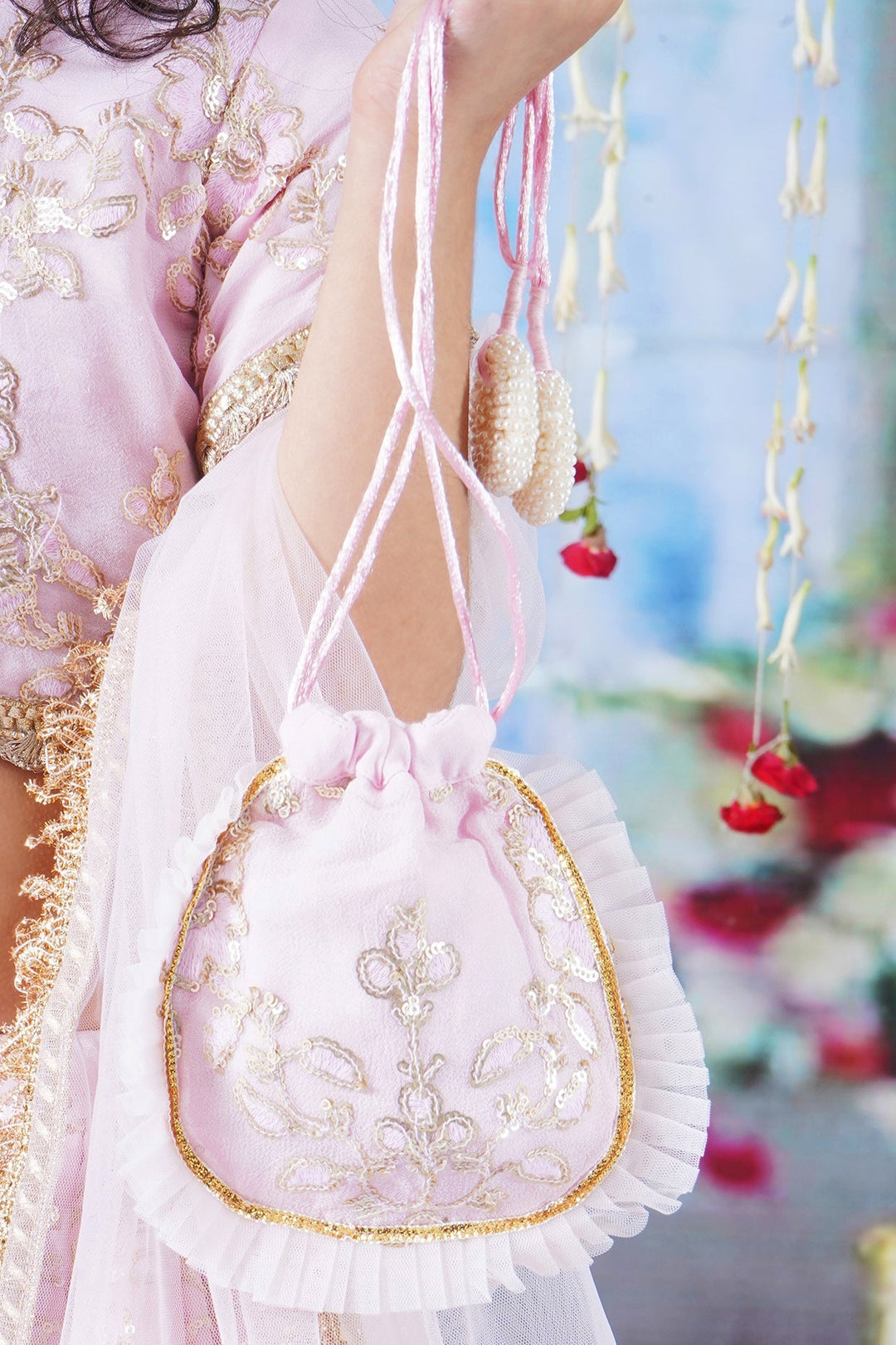 Girls Baby Pink Floral Irish Thread and Sequin work Lehenga with Blouse and Duppata with Matching Potli and Hand made tussel | SHOBITAM