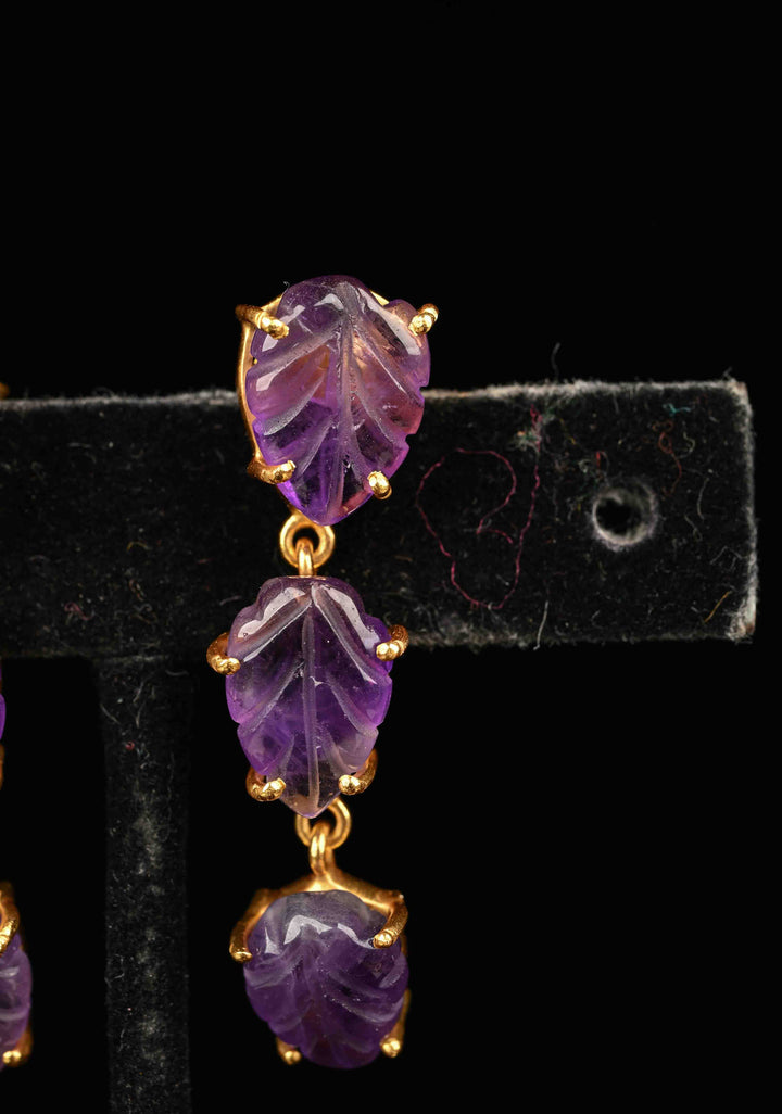 92.5 Pure Silver Amethyst Engraved 3 tier Earrings